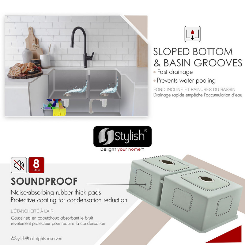 Stylish BERYL 33" Double Bowl 60/40 Reversible Undermount Kitchen Sink, 16 Gauge Stainless Steel with Grids and Basket Strainers - S-322XG