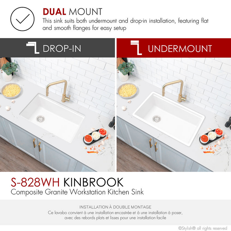 Stylish KINBROOK 28" Dual Mount Workstation Single Bowl Composite Granite Kitchen Sink with Built in Accessories
