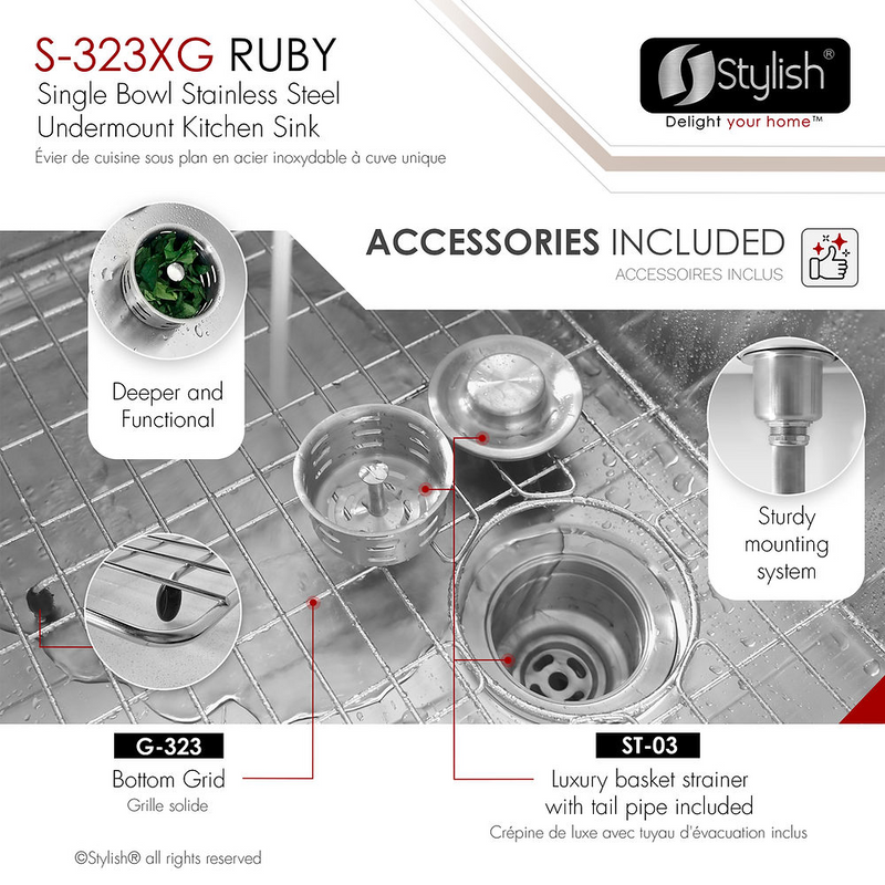 Stylish RUBY 32" Single Bowl Kitchen Sink, 16 Gauge Stainless Steel with Grid and Basket Strainer - S-323XG