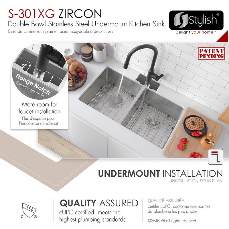 Stylish ZIRCON 32" Double Bowl Kitchen Sink, 16 Gauge Stainless Steel with Grids and Basket Strainers - S-301XG