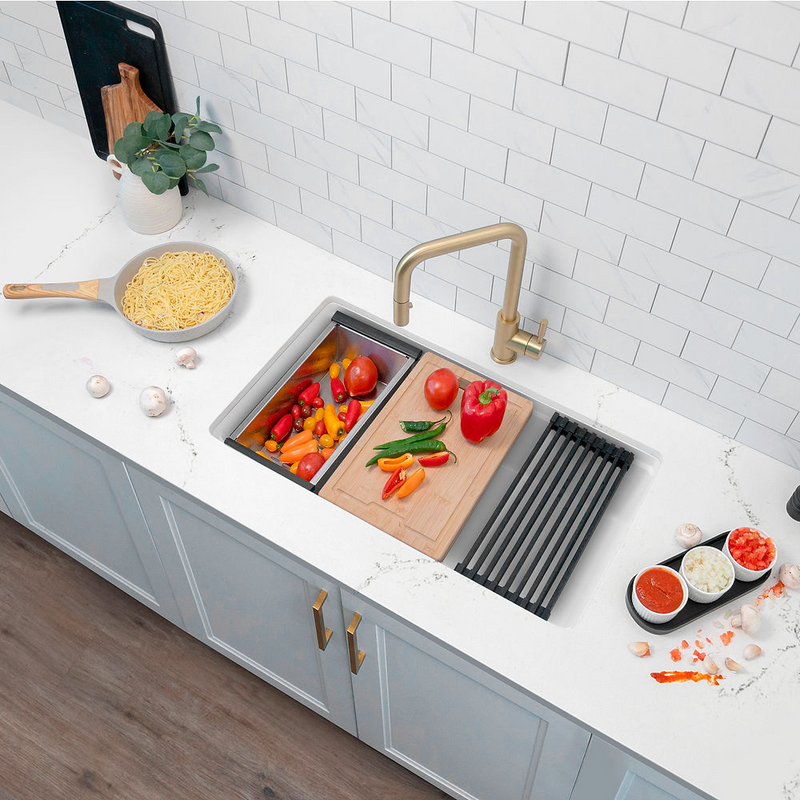 Stylish KINBROOK 28" Dual Mount Workstation Single Bowl Composite Granite Kitchen Sink with Built in Accessories