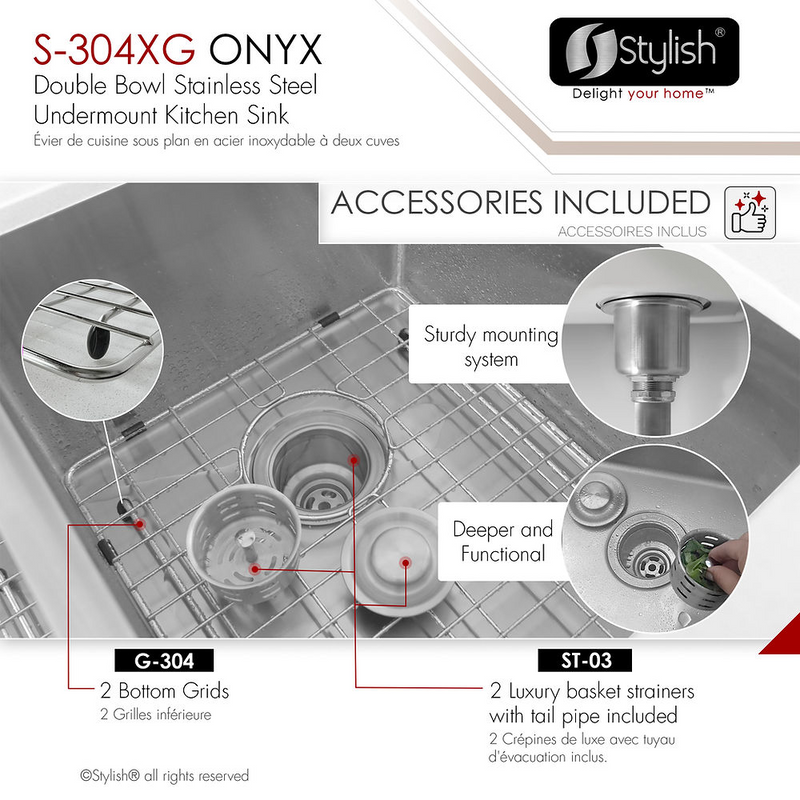 Stylish ONYX 30" Undermount or Drop-in Double Bowl Kitchen Sink, 16 Gauge Stainless Steel with Grids and Basket Strainers - S-304XG
