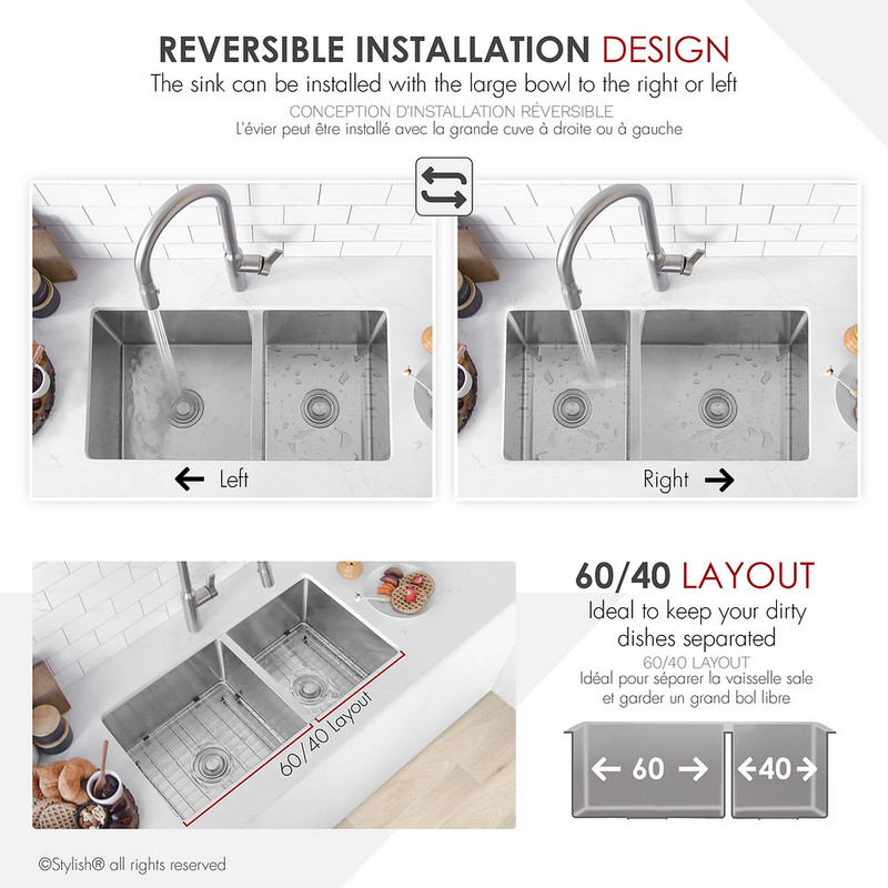 Stylish BERYL 33" Double Bowl 60/40 Reversible Undermount Kitchen Sink, 16 Gauge Stainless Steel with Grids and Basket Strainers - S-322XG