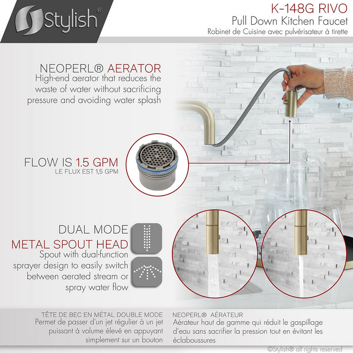 Stylish Riva Pull Down Kitchen Faucet & Water Tap in Brushed Gold - K148GK147G