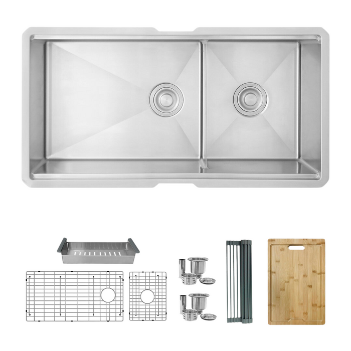 Stylish 36" VERSA36 S-636W Undermount Double-Bowl Workstation Kitchen Sink with Accessories