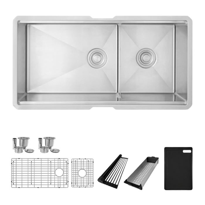 Stylish 36" VERSA S-636WK Undermount Double-Bowl Workstation Kitchen Sink with Black Accessories