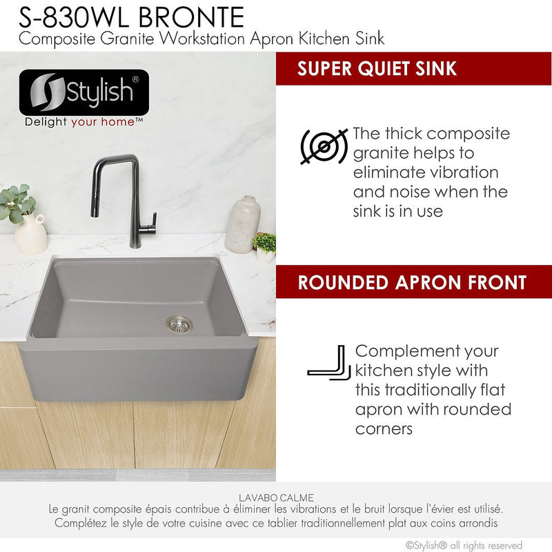 Stylish 30" BRONTE S-830WL Farmhouse/Apron Grey Composite Granite Workstation Single Bowl Kitchen Sink