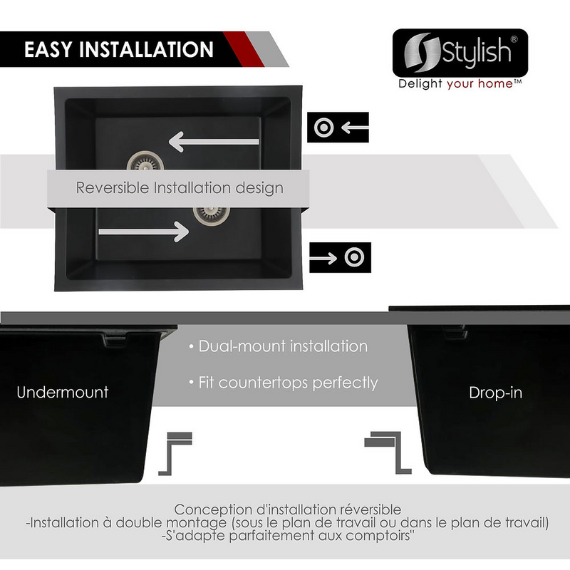 Stylish KILLARNEY 25" Single Bowl Dual Mount Composite Granite Utility Sink with Strainer