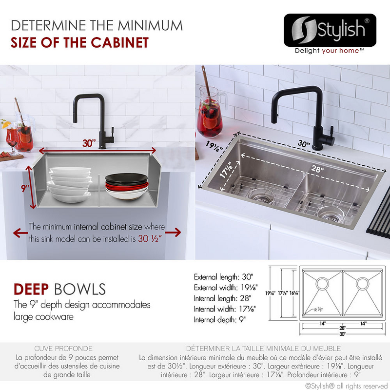 Stylish BORON 30" Workstation Double Bowl Undermount and Drop-in 16 Gauge Stainless Steel Kitchen Sink with Built in Accessories - S-230W