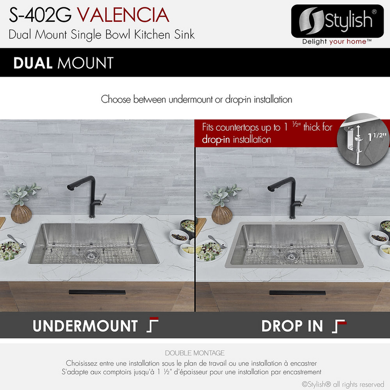 Stylish VALENCIA 31" Dual mount Single Bowl Kitchen Sink, 16 Gauge Stainless Steel with Grid and Standard Strainer - S-402G