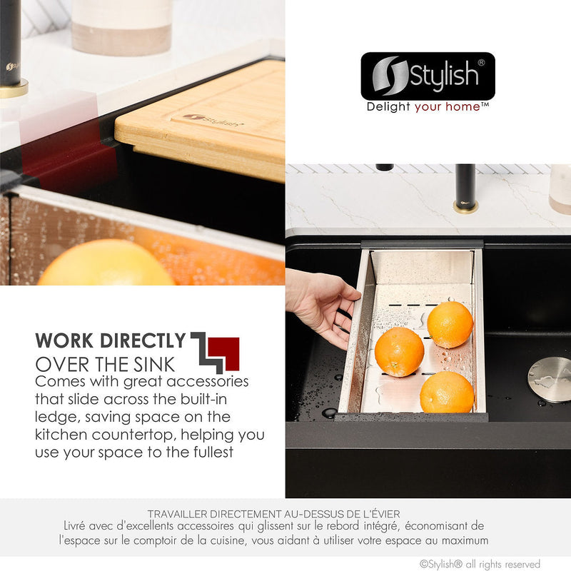 Stylish 30" BRONTE S-830WN Farmhouse/Apron Black Composite Granite Workstation Single Bowl Kitchen Sink