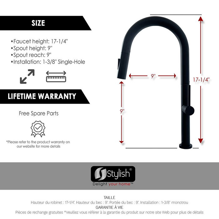 Stylish Modena Single Handle Pull Down Kitchen Faucet - Matte Black Finish - K-141N