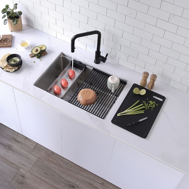 Stylish ARGON 27" Workstation Single Bowl Undermount and Drop-in 16 Gauge Stainless Steel Kitchen Sink with Built in Accessories - S-127W