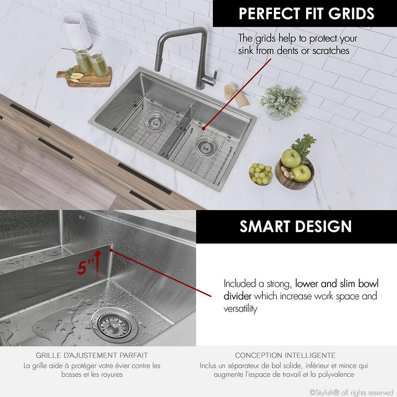 Stylish BORON 30" Workstation Double Bowl Undermount and Drop-in 16 Gauge Stainless Steel Kitchen Sink with Built in Accessories - S-230W