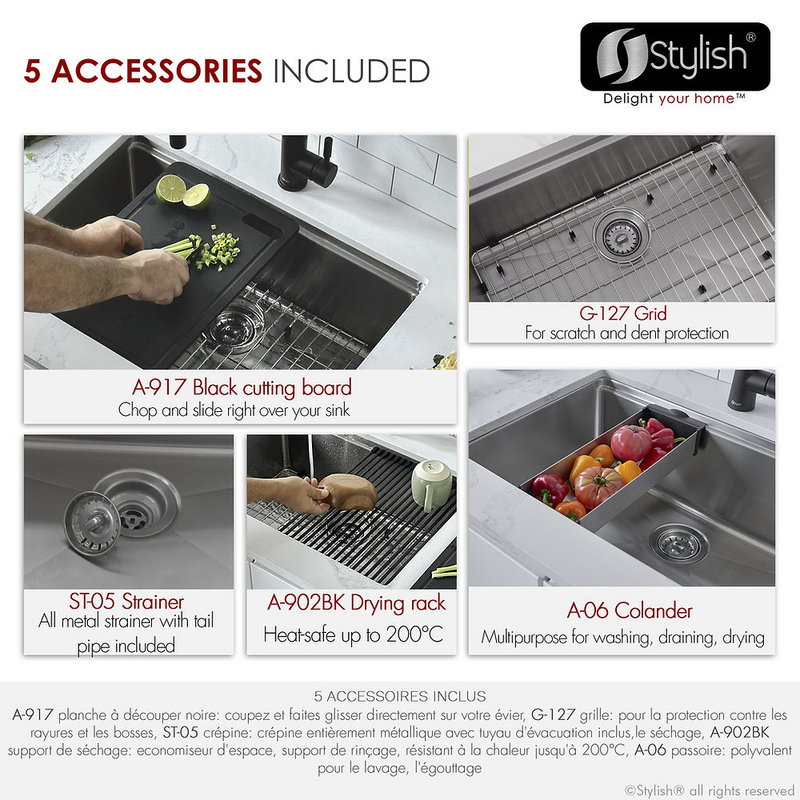 Stylish ARGON 27" Workstation Single Bowl Undermount and Drop-in 16 Gauge Stainless Steel Kitchen Sink with Built in Accessories - S-127W