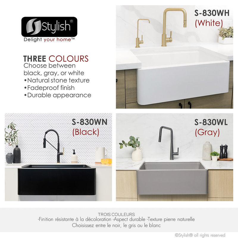 Stylish 30" BRONTE S-830WH Farmhouse/Apron White Composite Granite Workstation Single Bowl Kitchen Sink