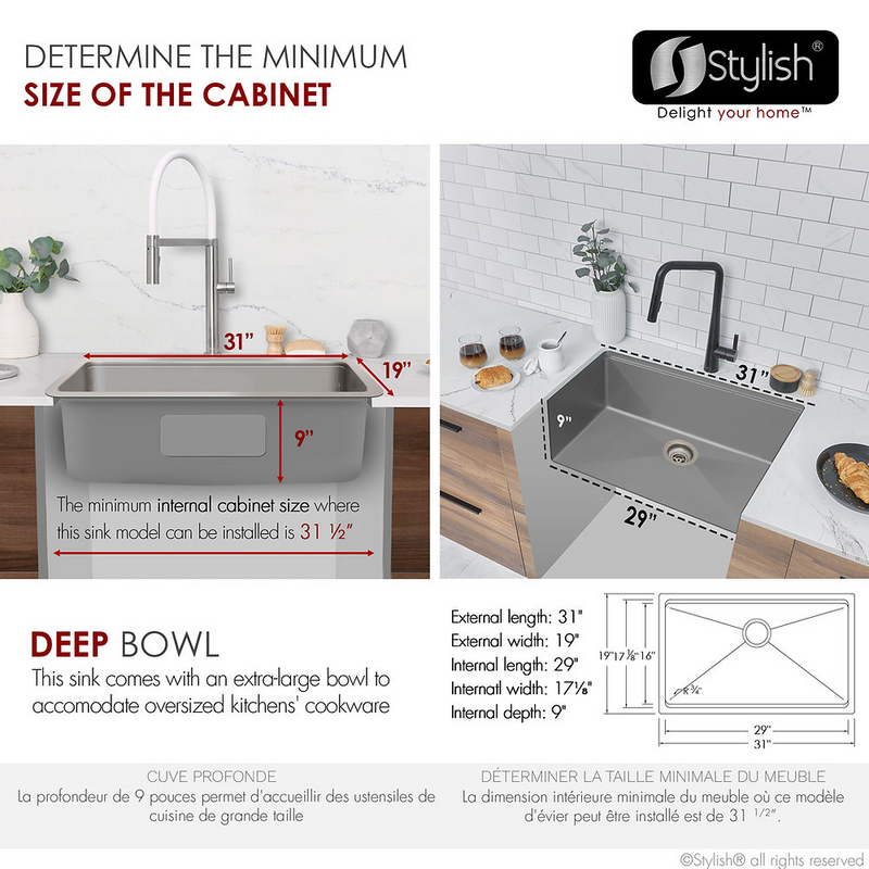 Stylish KRYPTON 31" Workstation Single Bowl Undermount and Drop-in 16 Gauge Stainless Steel Kitchen Sink with Built in Accessories - S-131W