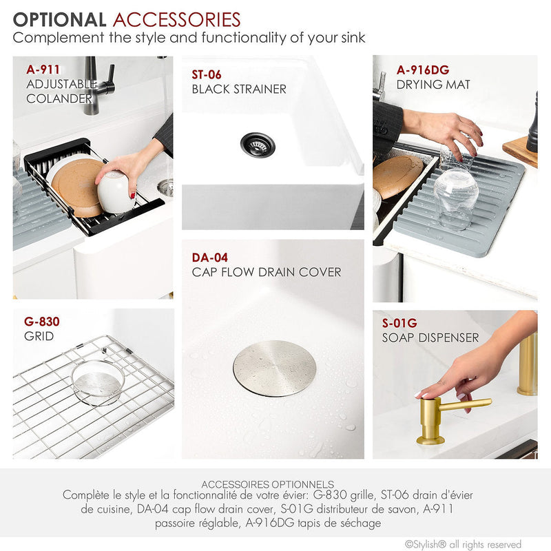 Stylish 30" BRONTE S-830WH Farmhouse/Apron White Composite Granite Workstation Single Bowl Kitchen Sink