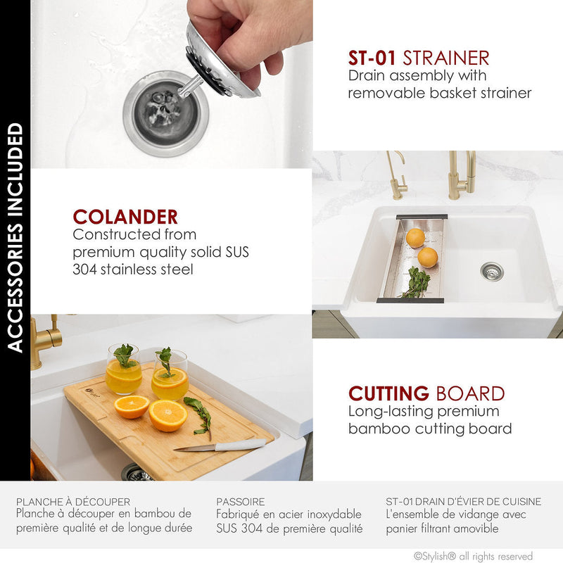 Stylish 30" BRONTE S-830WH Farmhouse/Apron White Composite Granite Workstation Single Bowl Kitchen Sink