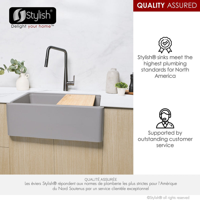 Stylish 30" BRONTE S-830WL Farmhouse/Apron Grey Composite Granite Workstation Single Bowl Kitchen Sink