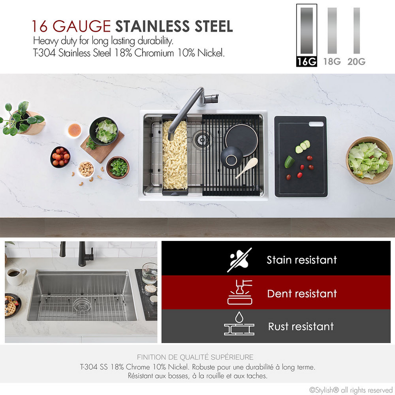 Stylish KRYPTON 31" Workstation Single Bowl Undermount and Drop-in 16 Gauge Stainless Steel Kitchen Sink with Built in Accessories - S-131W