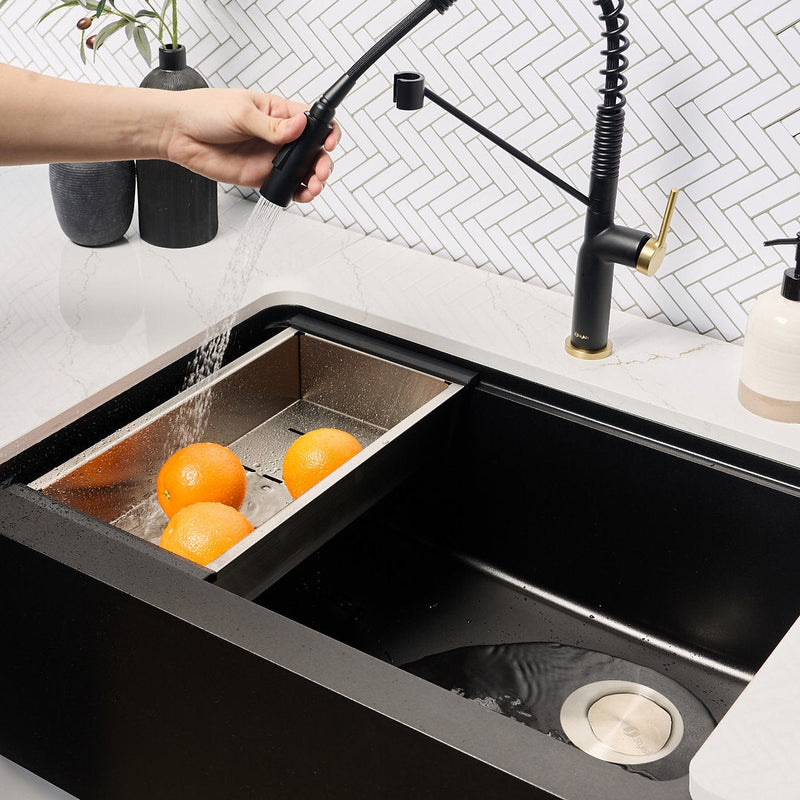 Stylish 30" BRONTE S-830WN Farmhouse/Apron Black Composite Granite Workstation Single Bowl Kitchen Sink