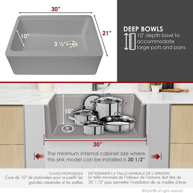 Stylish 30" BRONTE S-830WL Farmhouse/Apron Grey Composite Granite Workstation Single Bowl Kitchen Sink