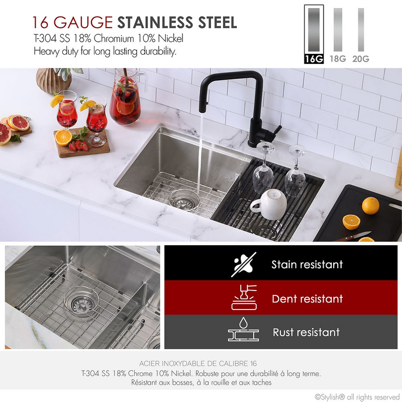 Stylish BORON 30" Workstation Double Bowl Undermount and Drop-in 16 Gauge Stainless Steel Kitchen Sink with Built in Accessories - S-230W