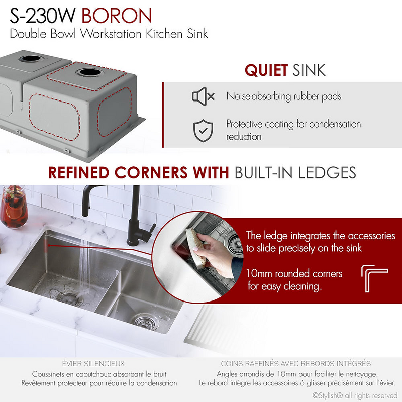 Stylish BORON 30" Workstation Double Bowl Undermount and Drop-in 16 Gauge Stainless Steel Kitchen Sink with Built in Accessories - S-230W