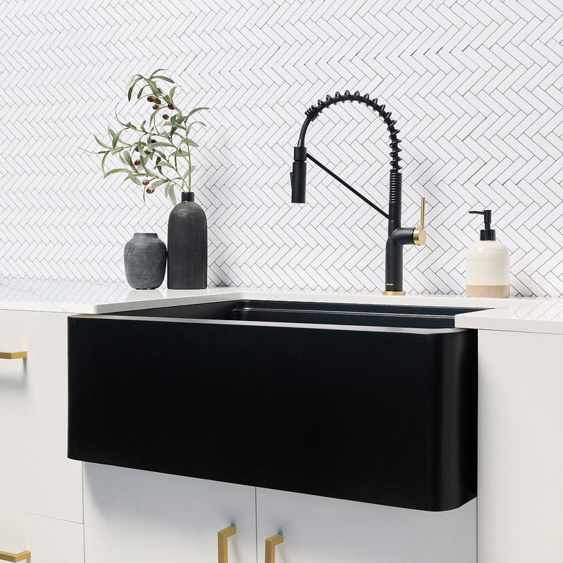 Stylish 30" BRONTE S-830WN Farmhouse/Apron Black Composite Granite Workstation Single Bowl Kitchen Sink
