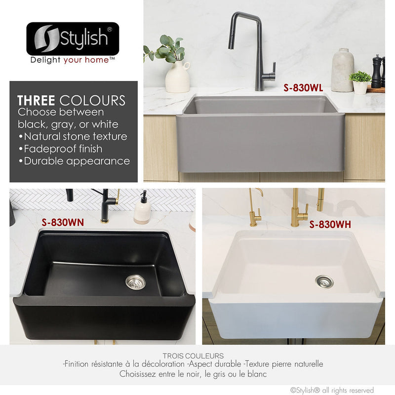 Stylish 30" BRONTE S-830WL Farmhouse/Apron Grey Composite Granite Workstation Single Bowl Kitchen Sink