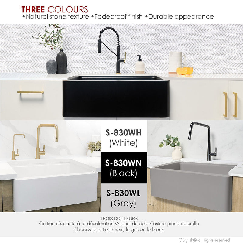 Stylish 30" BRONTE S-830WN Farmhouse/Apron Black Composite Granite Workstation Single Bowl Kitchen Sink
