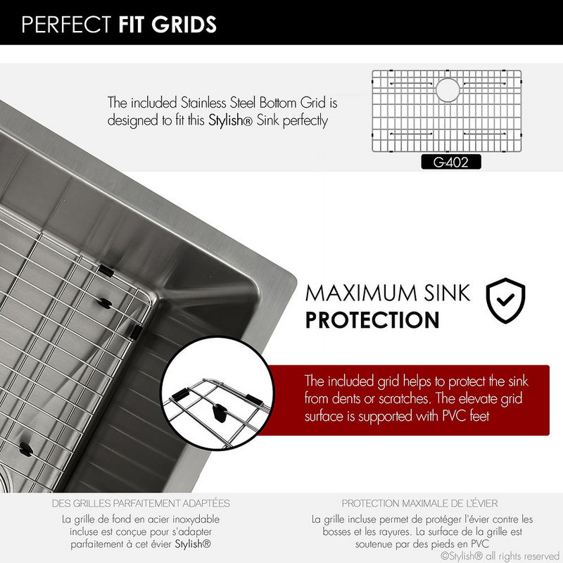 Stylish VALENCIA 31" Dual mount Single Bowl Kitchen Sink, 16 Gauge Stainless Steel with Grid and Standard Strainer - S-402G