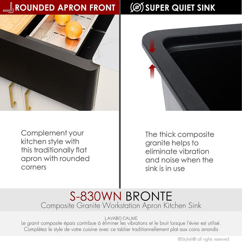 Stylish 30" BRONTE S-830WN Farmhouse/Apron Black Composite Granite Workstation Single Bowl Kitchen Sink