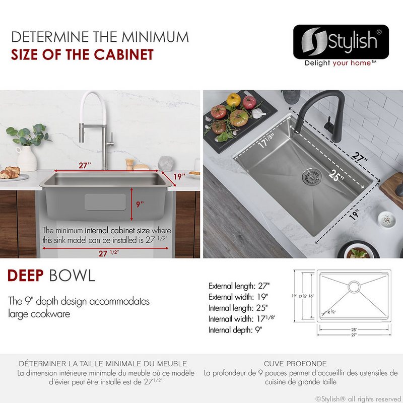 Stylish ARGON 27" Workstation Single Bowl Undermount and Drop-in 16 Gauge Stainless Steel Kitchen Sink with Built in Accessories - S-127W