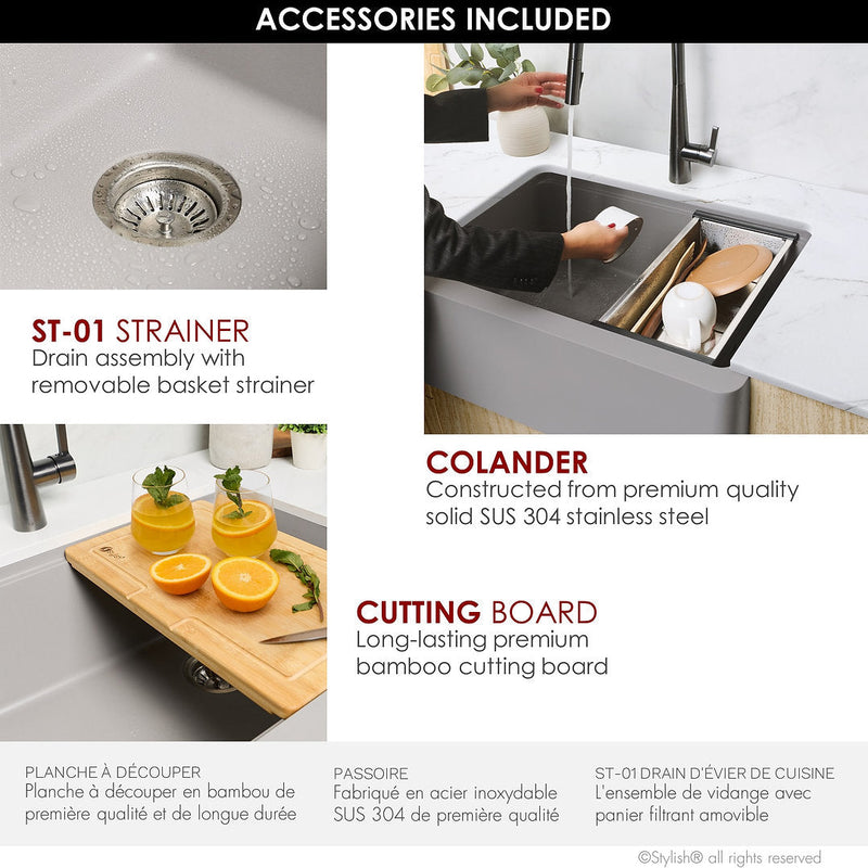 Stylish 30" BRONTE S-830WL Farmhouse/Apron Grey Composite Granite Workstation Single Bowl Kitchen Sink