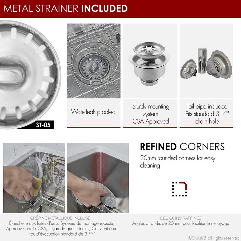 Stylish VALENCIA 31" Dual mount Single Bowl Kitchen Sink, 16 Gauge Stainless Steel with Grid and Standard Strainer - S-402G