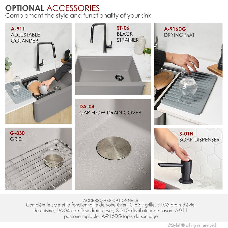 Stylish 30" BRONTE S-830WL Farmhouse/Apron Grey Composite Granite Workstation Single Bowl Kitchen Sink
