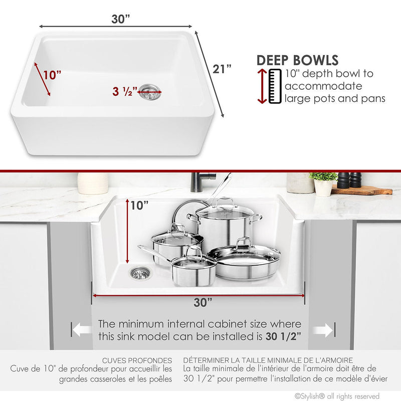 Stylish 30" BRONTE S-830WH Farmhouse/Apron White Composite Granite Workstation Single Bowl Kitchen Sink