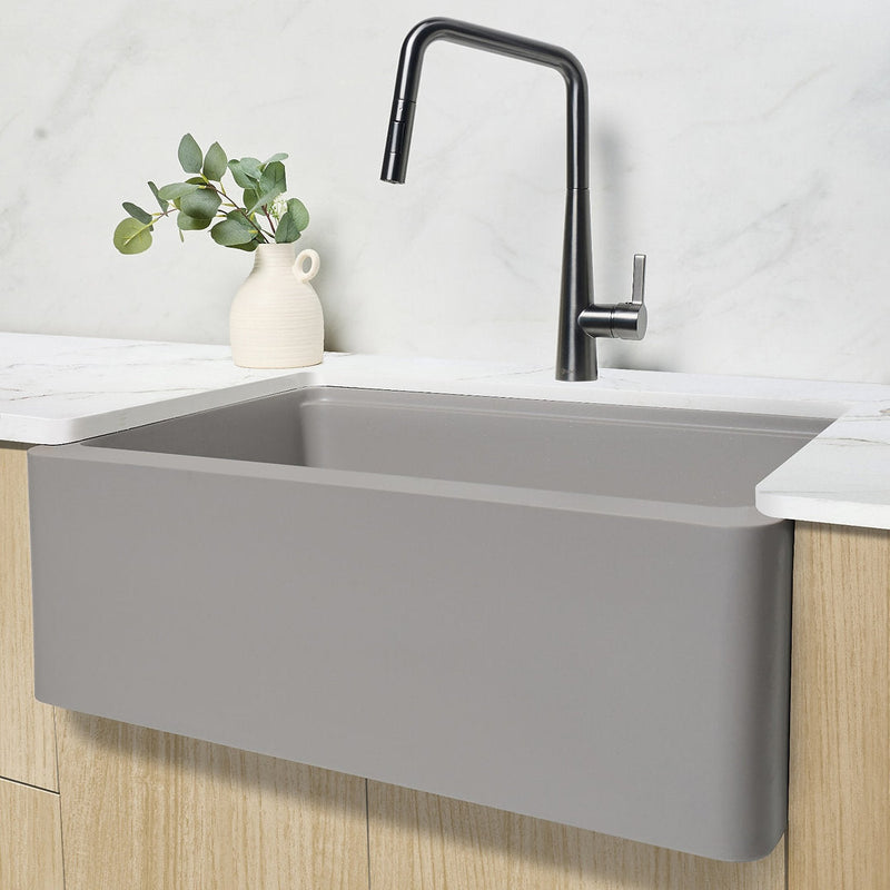 Stylish 30" BRONTE S-830WL Farmhouse/Apron Grey Composite Granite Workstation Single Bowl Kitchen Sink