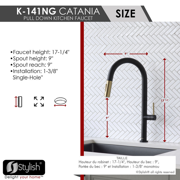 Stylish Single Handle 1.8 GPM Pull Down Kitchen Faucet - Matte Black/Gold Finish - K-141NG