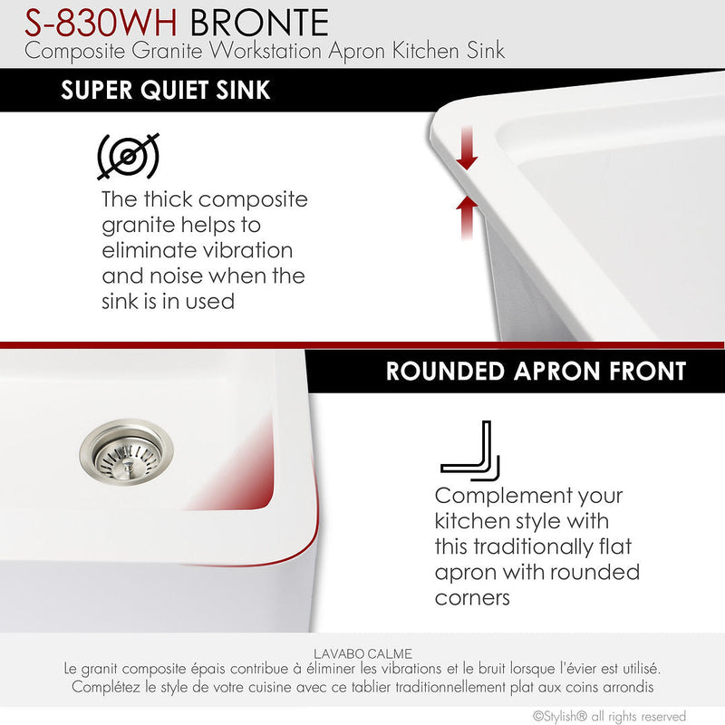Stylish 30" BRONTE S-830WH Farmhouse/Apron White Composite Granite Workstation Single Bowl Kitchen Sink