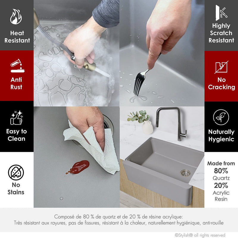 Stylish 30" BRONTE S-830WL Farmhouse/Apron Grey Composite Granite Workstation Single Bowl Kitchen Sink