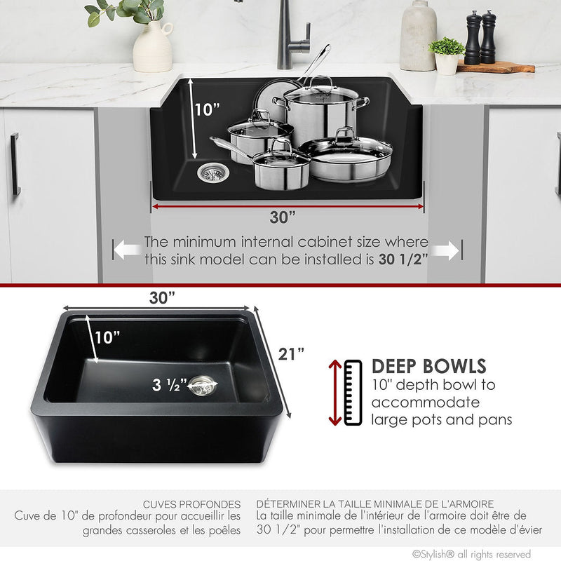 Stylish 30" BRONTE S-830WN Farmhouse/Apron Black Composite Granite Workstation Single Bowl Kitchen Sink