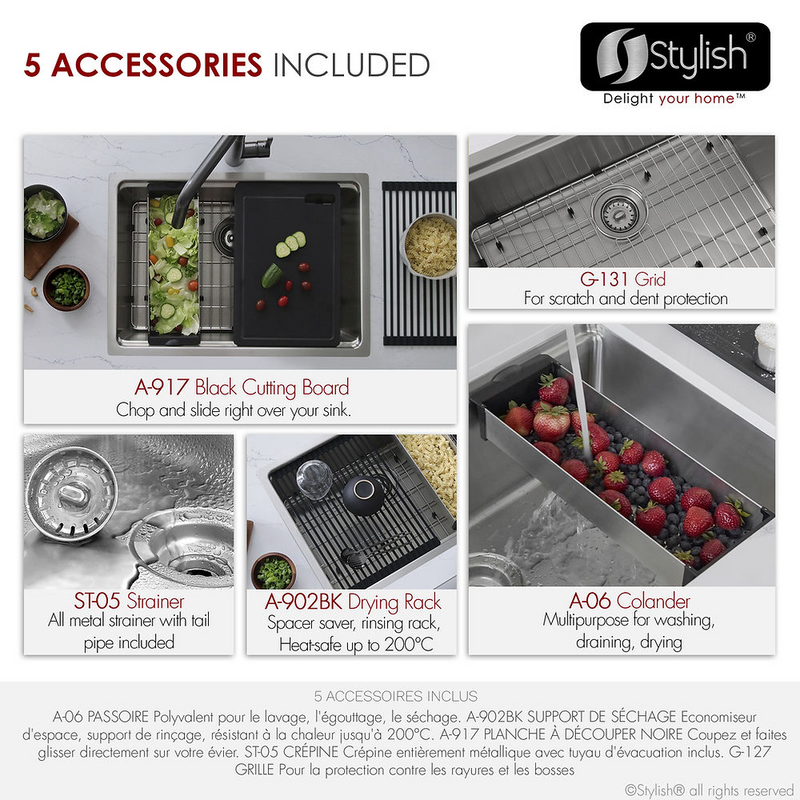 Stylish KRYPTON 31" Workstation Single Bowl Undermount and Drop-in 16 Gauge Stainless Steel Kitchen Sink with Built in Accessories - S-131W