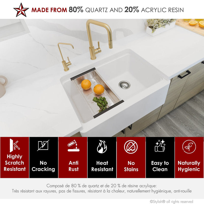 Stylish 30" BRONTE S-830WH Farmhouse/Apron White Composite Granite Workstation Single Bowl Kitchen Sink