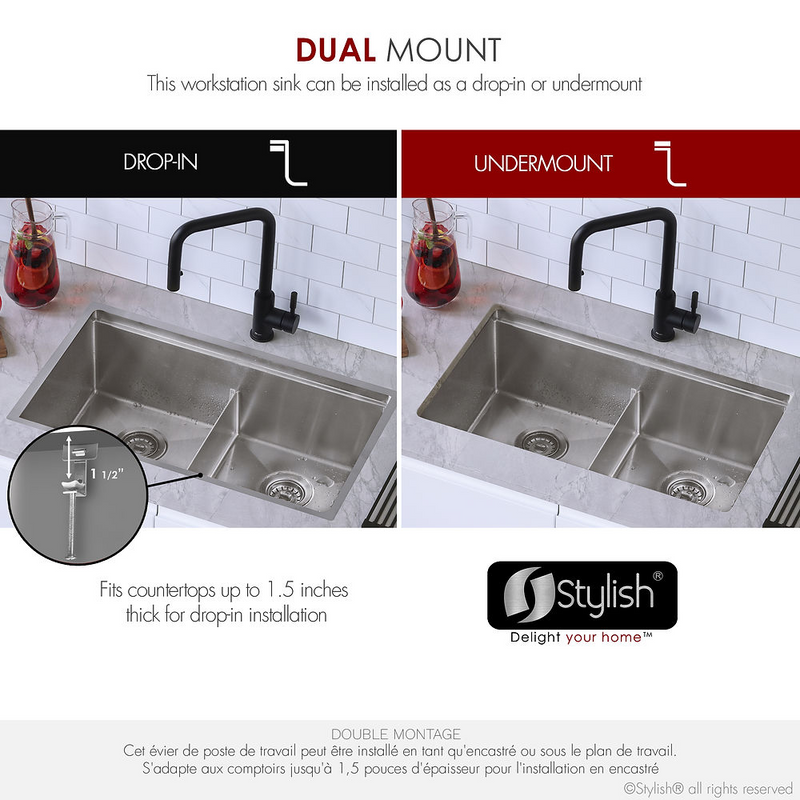 Stylish BORON 30" Workstation Double Bowl Undermount and Drop-in 16 Gauge Stainless Steel Kitchen Sink with Built in Accessories - S-230W