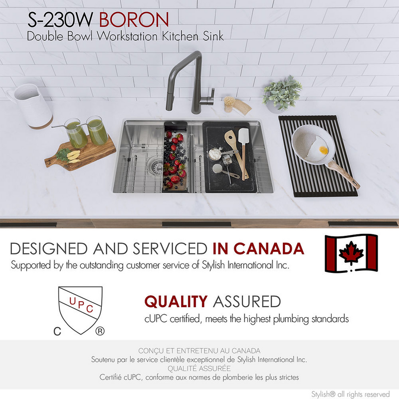 Stylish BORON 30" Workstation Double Bowl Undermount and Drop-in 16 Gauge Stainless Steel Kitchen Sink with Built in Accessories - S-230W