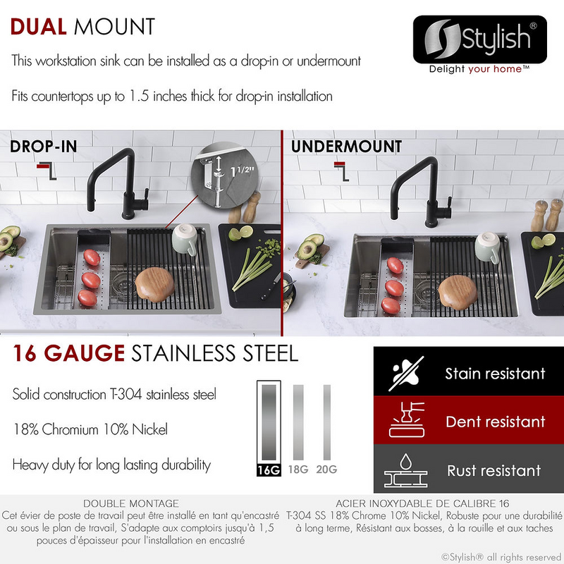 Stylish ARGON 27" Workstation Single Bowl Undermount and Drop-in 16 Gauge Stainless Steel Kitchen Sink with Built in Accessories - S-127W