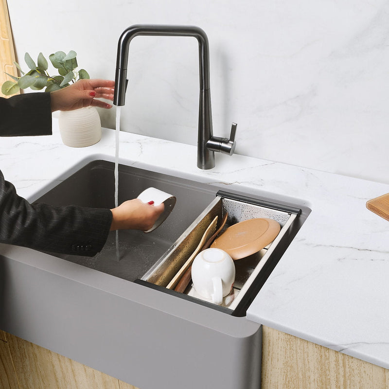 Stylish 30" BRONTE S-830WL Farmhouse/Apron Grey Composite Granite Workstation Single Bowl Kitchen Sink